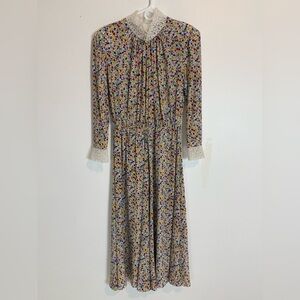 Vintage Miss O by Oscar de la renta ditsy print midi silk dress mock neck pearl